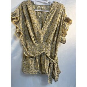 Max Studio Yellow Floral Ruffle Sleeve Wrap Tie Blouse XL 9701D38 NEW